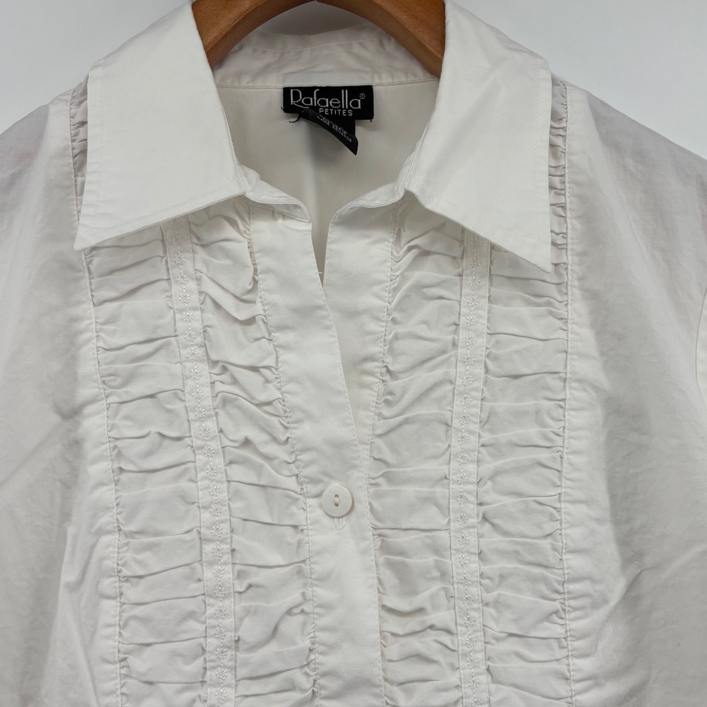 White Ruffle Front Embroider Button Down Shirt 12P Long Sleeve Petite Victorian‎